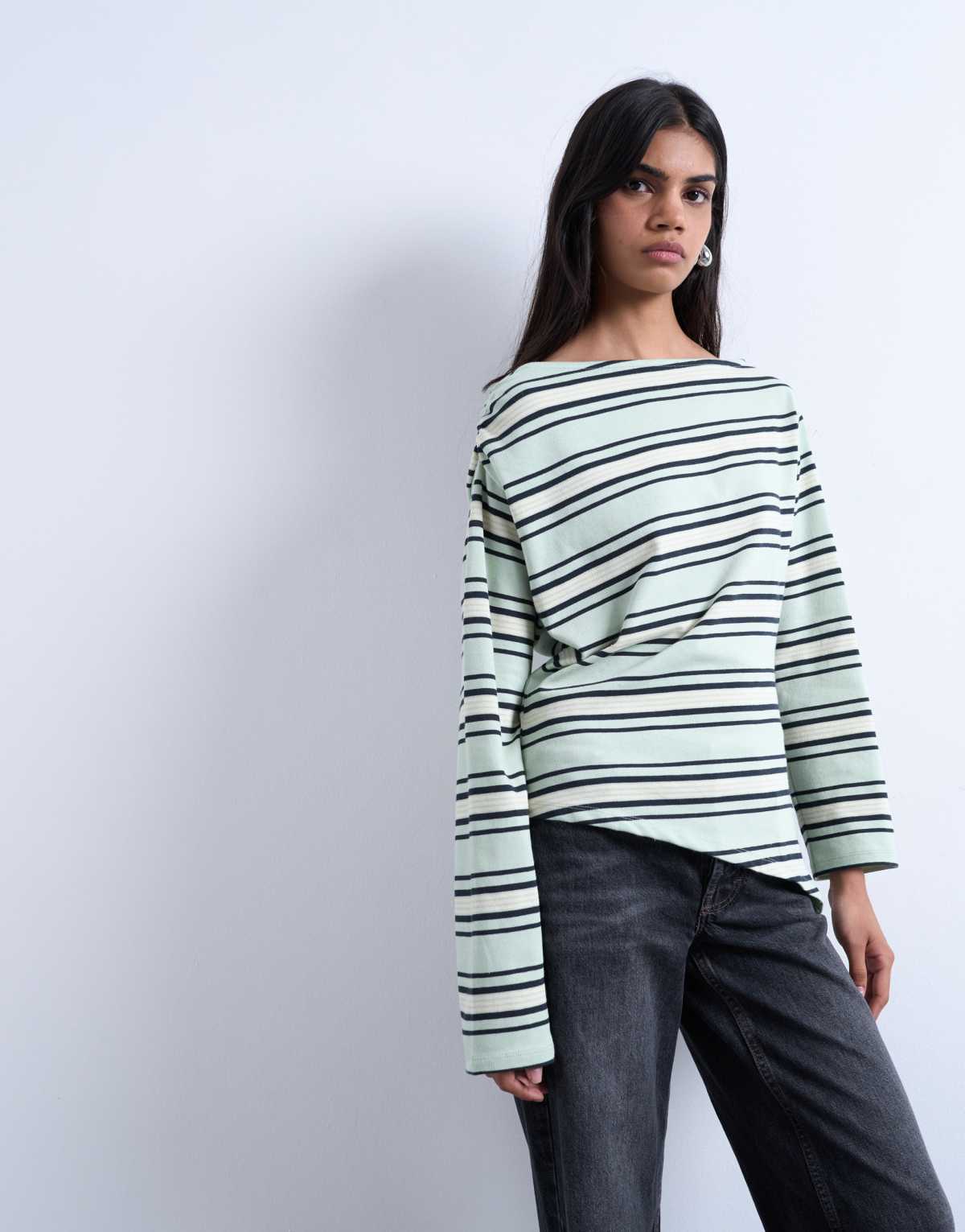 Topshop jersey stripe asymmetrical long sleeve top in green stripe