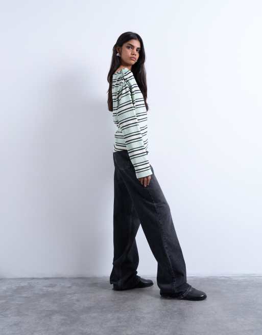 Topshop jersey stripe asymmetrical long sleeve top in green stripe