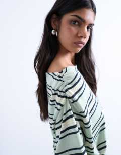 Model wearing Jersey stripe asymmetrical long sleeve top in green stripe