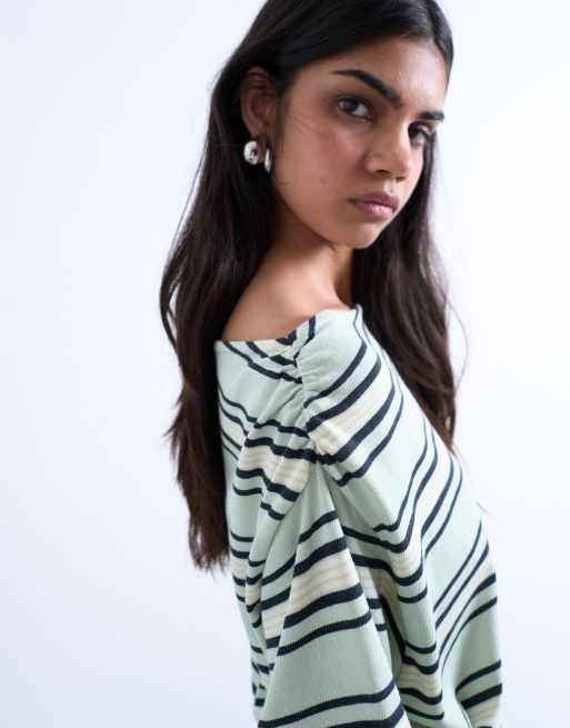 Topshop jersey stripe asymmetrical long sleeve top in green stripe, 3 of 4