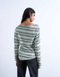 Model wearing Jersey stripe asymmetrical long sleeve top in green stripe