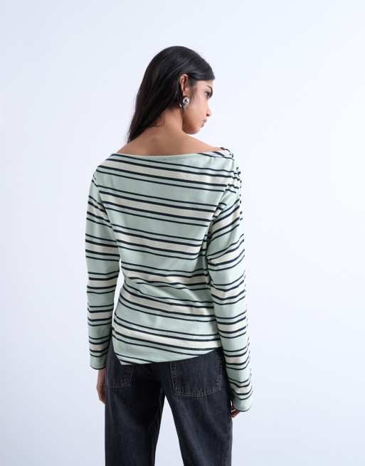 Topshop jersey stripe asymmetrical long sleeve top in green stripe