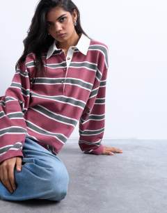 Jersey stripe rugby long sleeve polo in burgundy