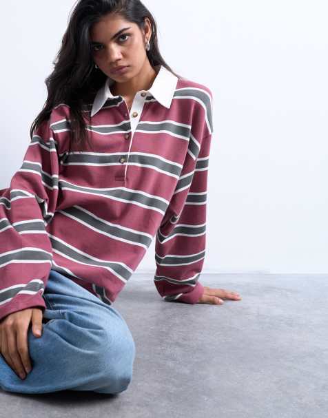 Topshop jersey stripe rugby long sleeve polo in burgundy