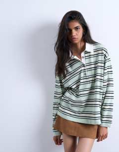 Jersey stripe rugby long sleeve polo in pistachio