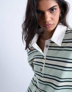 Model wearing Jersey stripe rugby long sleeve polo in pistachio