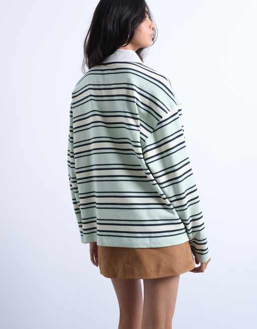 Topshop jersey stripe rugby long sleeve polo in pistachio