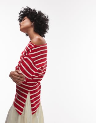 Topshop Jersey Striped Asymmetrical Short Sleeve Top In Red
