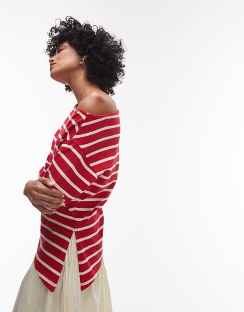 Topshop jersey striped asymmetrical short sleeve top in red stripe - view 1