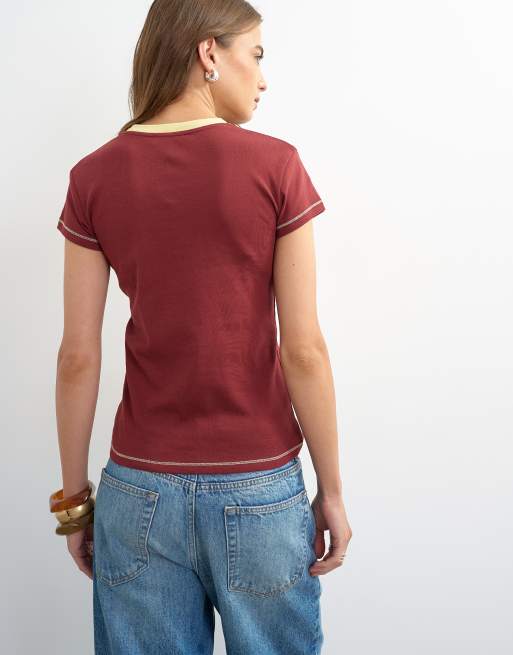 Topshop jersey T-shirt met contrastbies in bordeauxrood, 2 van 4