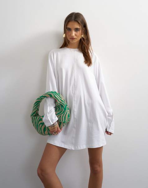 Topshop jersey T-shirtjurk met opgerolde mouwen in wit - view 1