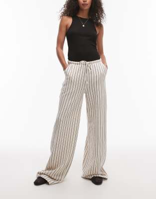 Topshop Stripe Pull On Straight Leg Pants In Ecru-white