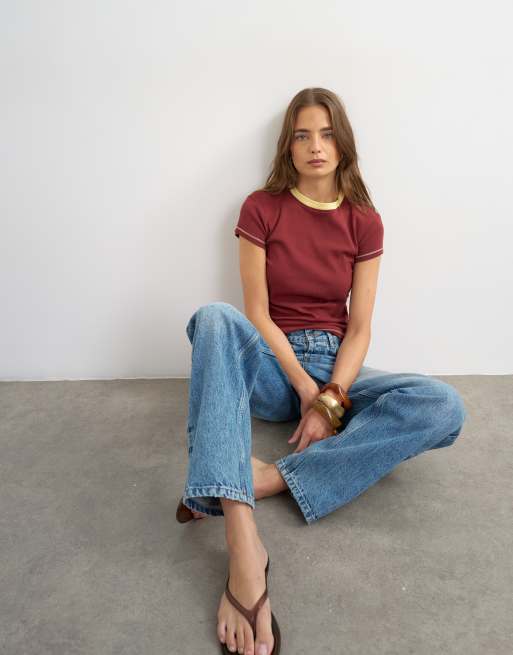 Topshop jersey tipping detail everyday tee in burgundy, 4 of 4