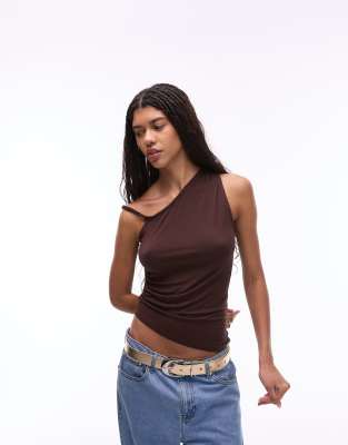 Topshop - Jersey-Top in Braun mit verdrehtem, asymmetrischem Design
