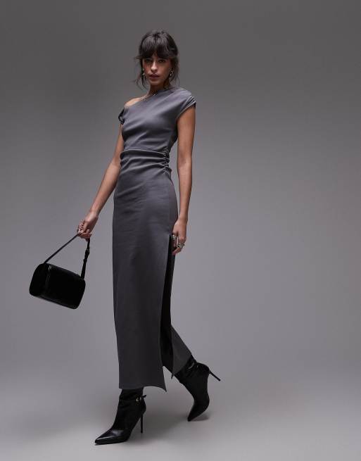 Topshop jersey twist shoulder maxi dress in charcoal, 2 of 4