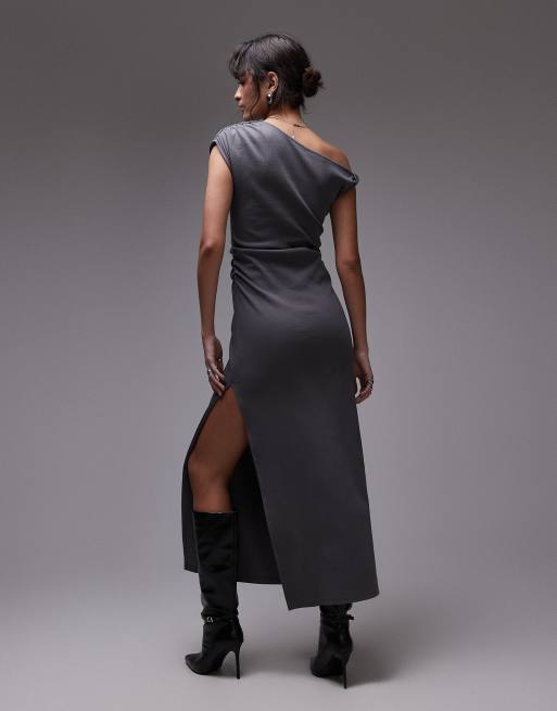Topshop jersey twist shoulder maxi dress in charcoal, 4 of 4
