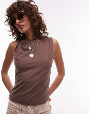 Topshop Jersey Twist Strap Slinky Top In Brown