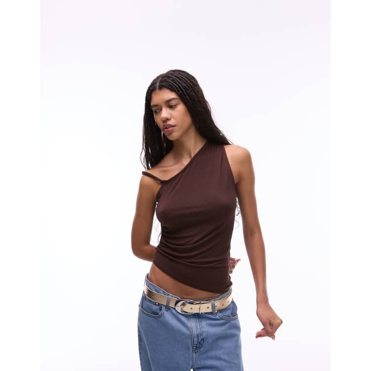 Topshop jersey twisted asymmetrical top in brown | ASOS