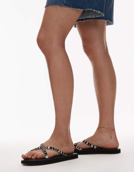 Topshop Jesse leather flat sandals in zebra print, 3 of 4