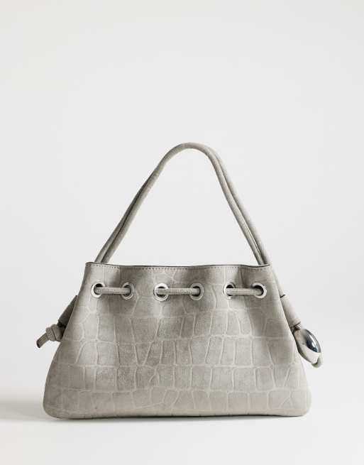 Topshop – Jessie – Mittelgroße Handtasche in Kroko-Grau mit Metallbesatz, 4 von 4