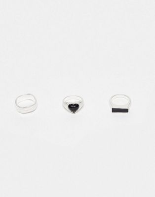Topshop jet heart 3 pack ring in silver