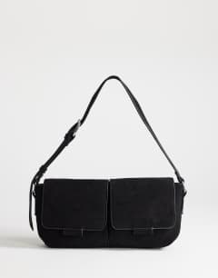 Joanie small shoulder bag with front pockets in black suedette