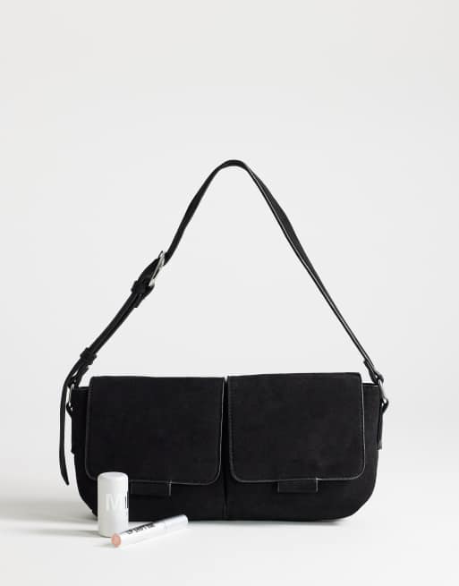 Topshop Joanie small shoulder bag with front pockets in black suedette, 2 of 4