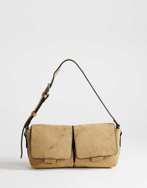 Topshop Joanie small suedette shoulder bag with front pockets in taupe - view 1