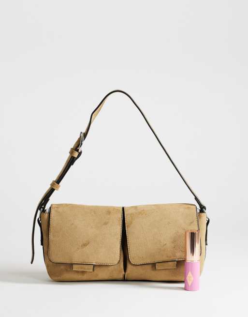 Topshop Joanie small suedette shoulder bag with front pockets in taupe, 2 of 4