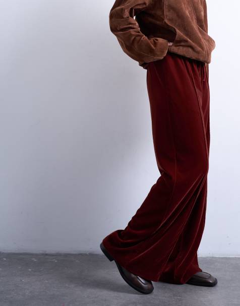 Topshop - Joggers a fondo ampio e vita medio alta allacciati in vita in velluto color tabacco - view 1