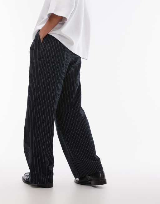 Topshop - Joggers blu navy gessati con cuciture a contrasto