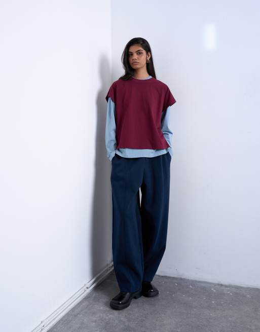 Topshop - Joggers bombati in tessuto effetto scuba color blu navy con pinces