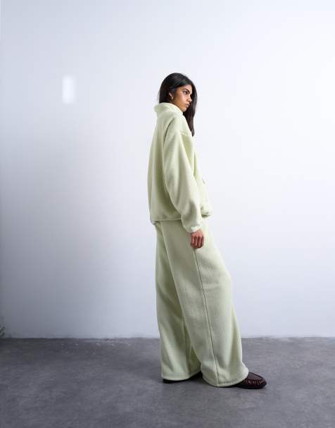 Topshop - Joggers dritti in pile borg verde lime in coordinato - view 1