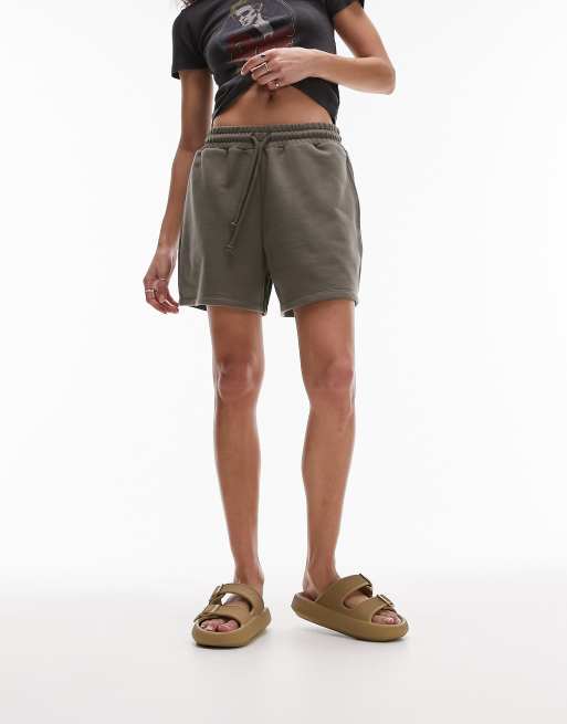 Topshop vintage wash raw hem sweat shorts in khaki - part of a set