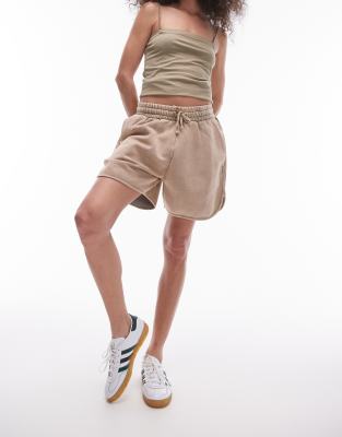 Topshop - Jogging-Shorts in Steinbeige mit Acid-Waschung-Blau