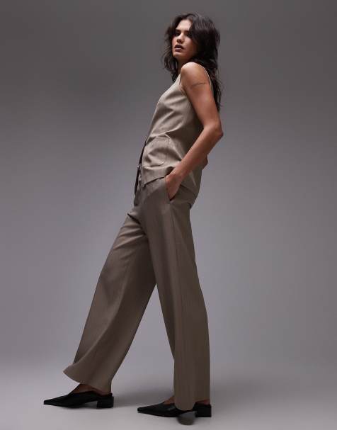 Topshop - Joggingbroek met trekkoord en krijtstreep in taupe - view 1