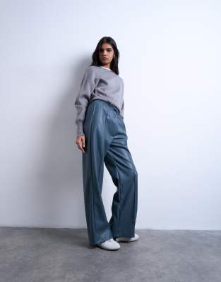 Topshop - Jogginghose aus Kunstleder in Blau mit weitem Bein und Ziernaht-Grün