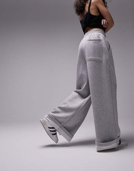 Topshop – Jogginghose mit weitem Bein und umgeschlagenem Saum aus hochwertigem Material in grau meliert