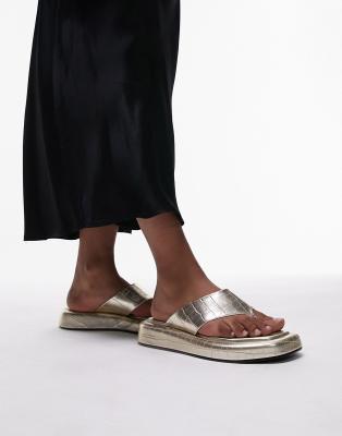 Topshop - Jonah - Sandalen in Gold mit Zehensteg und Fußbett-Goldfarben