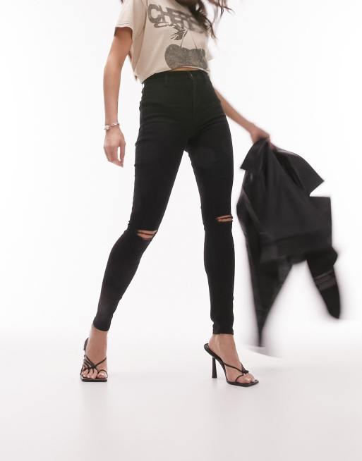 Topshop – Joni – Czarne jeansy z przetarciami na kolanach 
