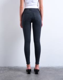 Model wearing Joni high rise super skinny jean in washed black