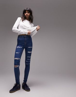 Jeans skinny Topshop - Joni - Jean ultra déchiré - Bleu moyen