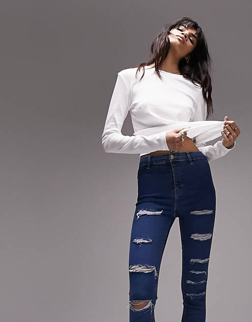Jeans Topshop Joni jean with super rip in mid blue 