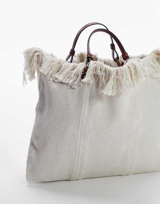 Topshop - Jordan - Canvas tas met franje in crème, 3 van 4