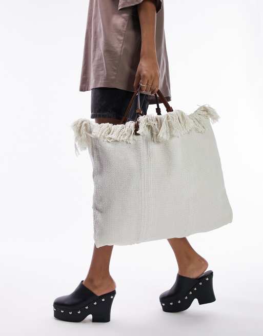 Topshop - Jordan - Canvas tas met franje in crème, 4 van 4