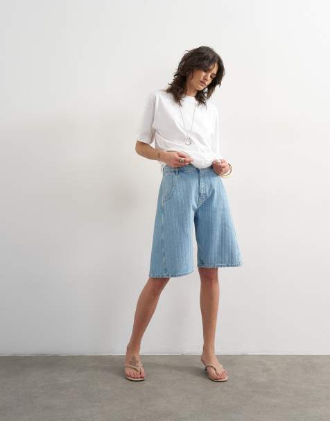 Topshop - Jorts med barrel-ben og afblegede striber i denim - view 1
