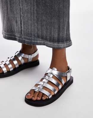 Topshop - Julian - Fisherman-Sandalen aus Leder in Silber