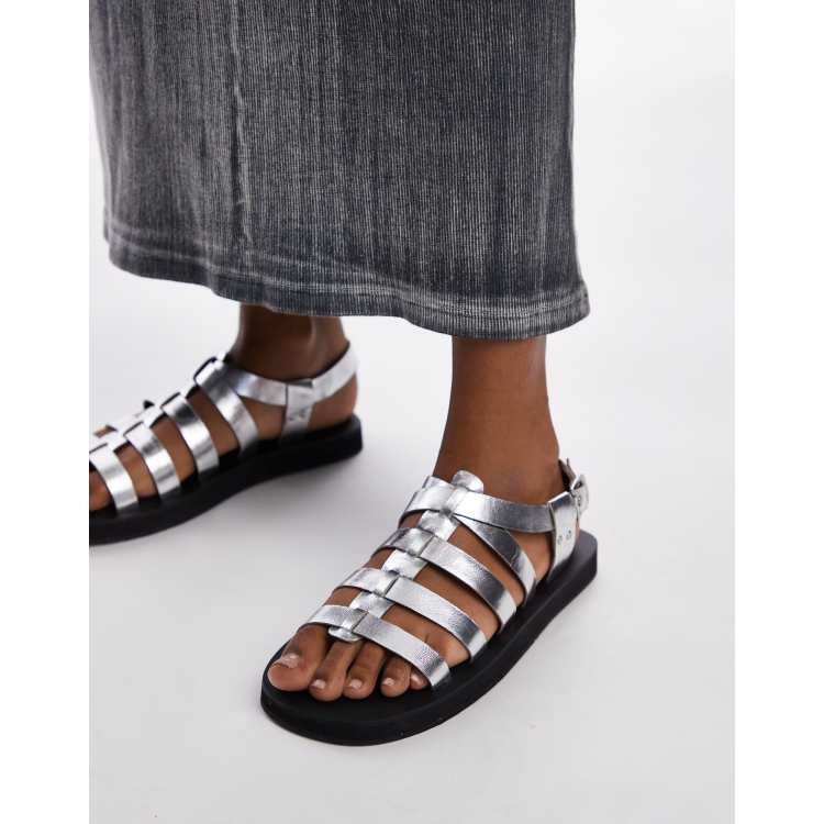 Topshop Julian leather fisherman sandals in silver