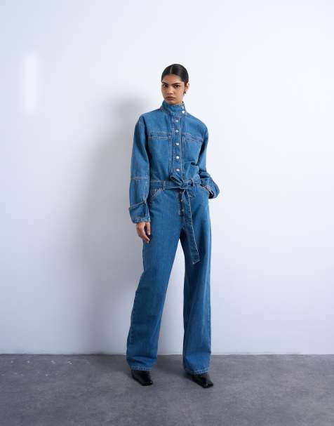 Topshop – Jumpsuit aus Denim in Mittelblau mit Stehkragen - view 1