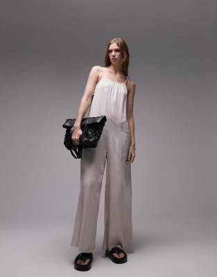 Topshop - Jumpsuit aus Leinen in Hellbeige mit Taschen-Neutral